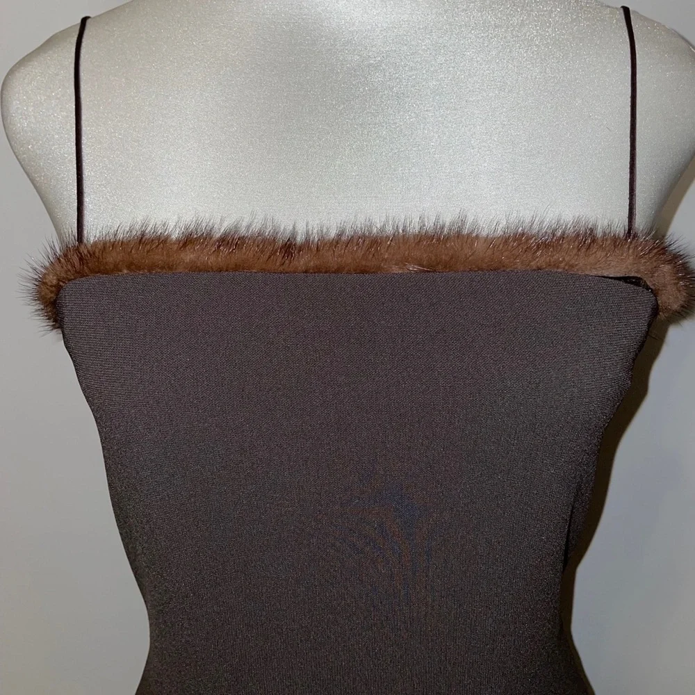 Tahari Striking Mink trimmed Spaghetti Strap Dress - Picture 5 of 13